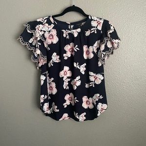 Ann Taylor petite pink flower ruffle cap sleeve.